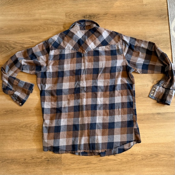 Wrangler Pearl Snap Flannel Shirt Plaid Western Cowboy No Size Tag - Picture 2 of 8